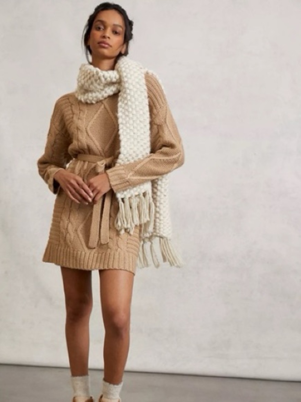 Amadi Leah Cable-Knit Sweater Dress Tan S